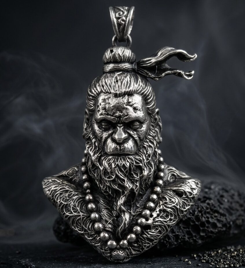 Handcrafted Hanuman silver pendant with detailed hair texture and 3D antique design by ijewellery.in
