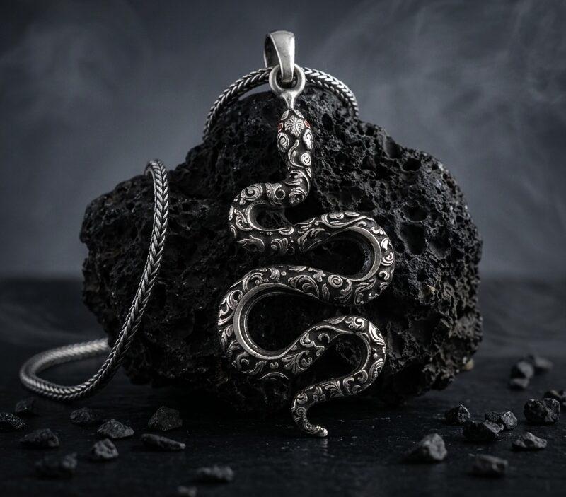 Handmade Mystic Serpent 925 silver pendant with engraved antique detailing by ijewellery.in