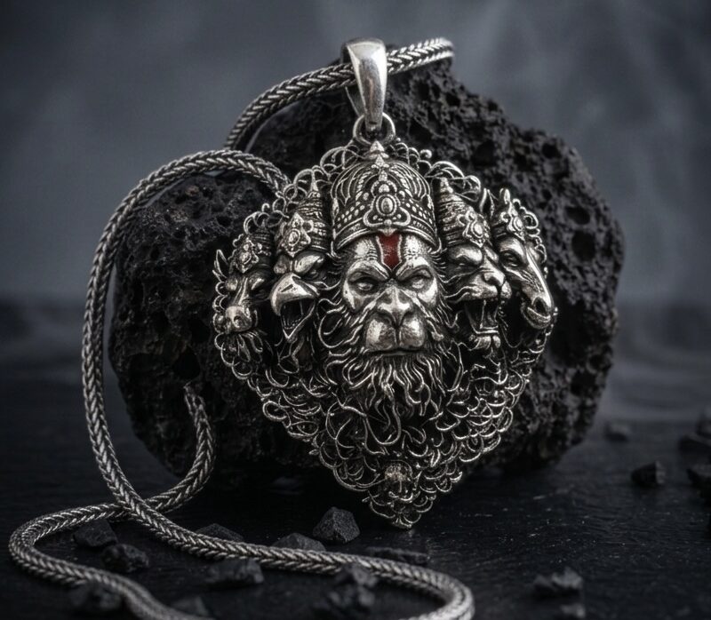 Handmade Panchmukhi Hanuman 925 silver pendant with antique oxidized 3D detailing by ijewellery.in