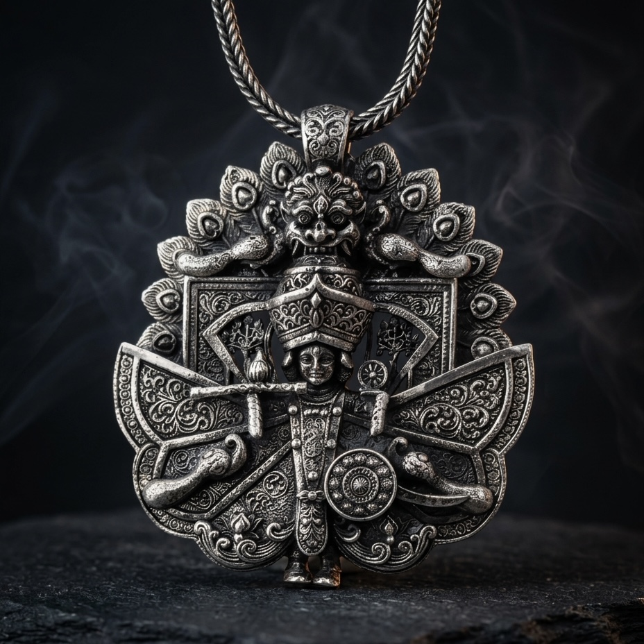 Handmade Sawariya Seth 925 silver pendant with antique oxidized 3D detailing by ijewellery.in