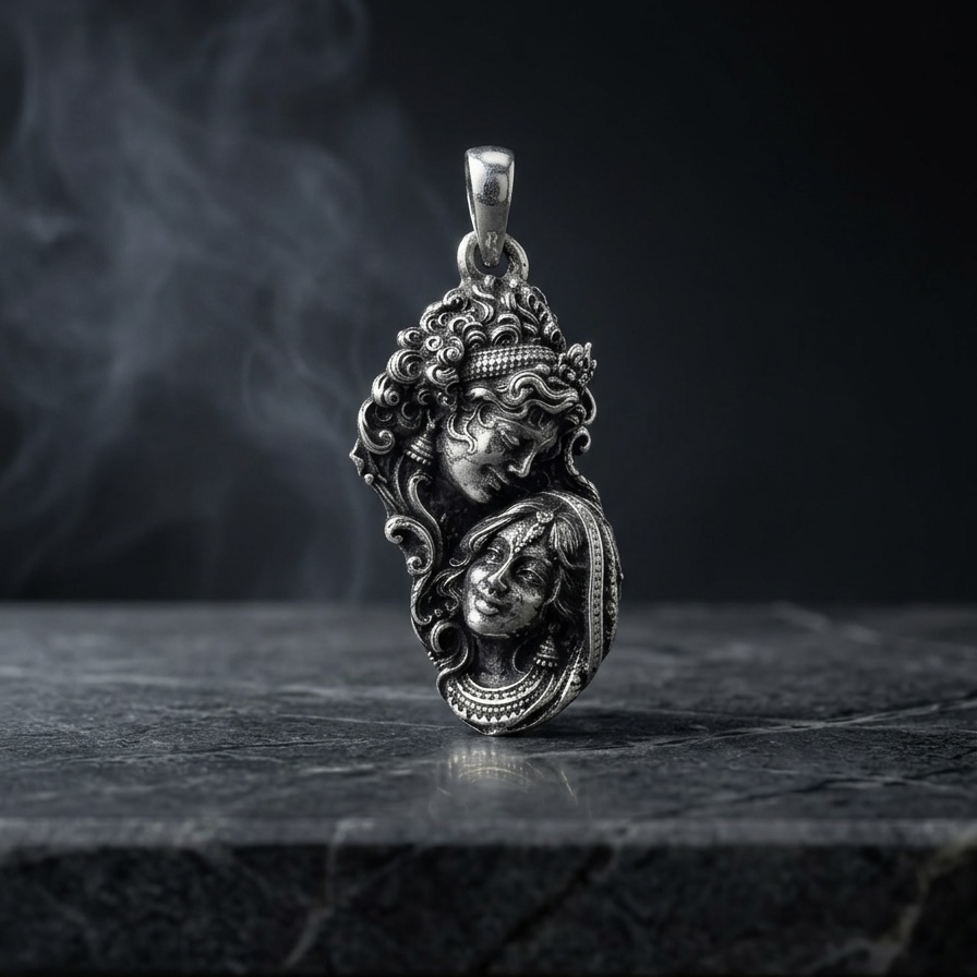 Handmade Divine Radha Krishna 925 silver pendant with antique oxidized 3D detailing by ijewellery.in