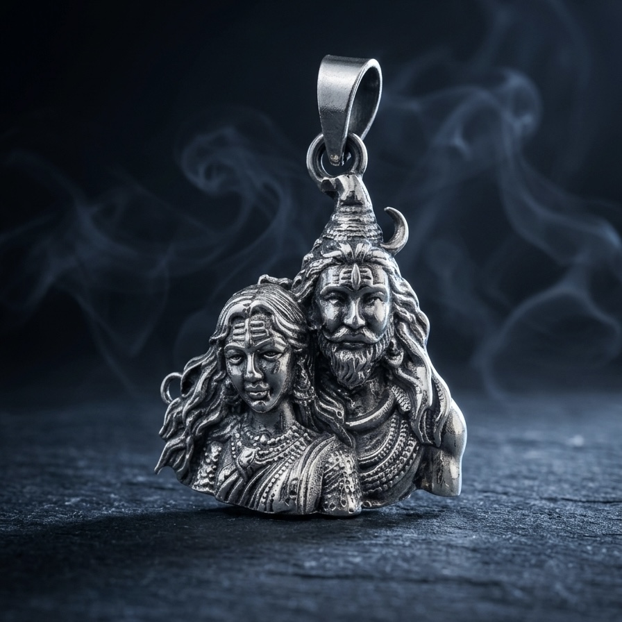 Handmade Shiv Parvati 925 silver pendant with antique oxidized 3D detailing by ijewellery.in