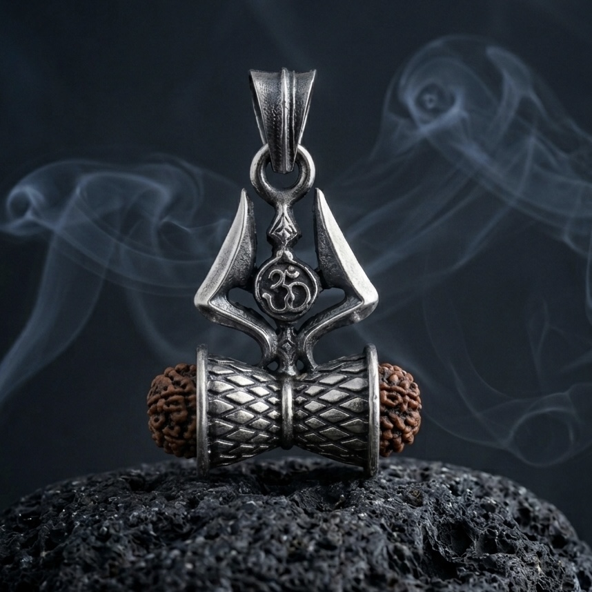 Handmade Mahakaal Trishul Damru 925 silver pendant with Om symbol and Rudraksha detailing by ijewellery.in